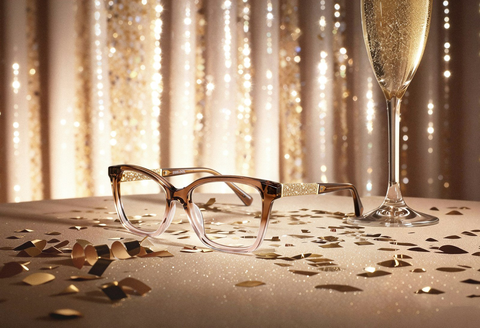 Glasses and champagne on a table with confetti